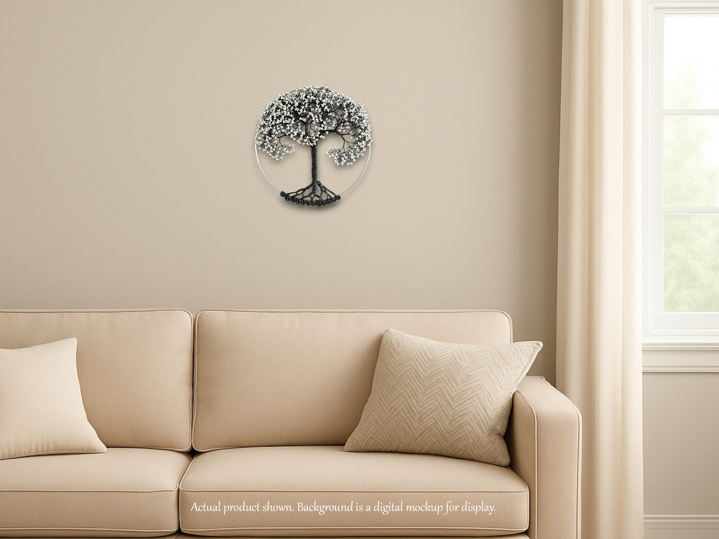 Decorative wall piece above a beige sofa with a neutral background