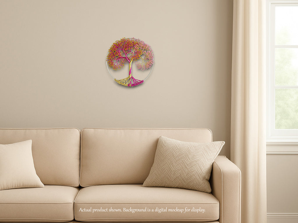 Decorative wall clock with a colorful tree design on a beige wall above a beige sofa.