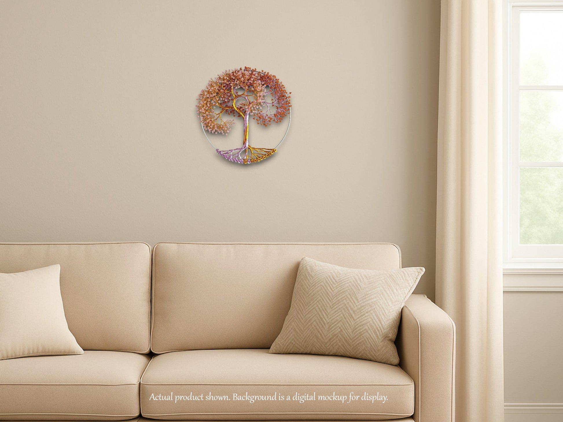 Decorative wall clock on a beige wall above a beige sofa.