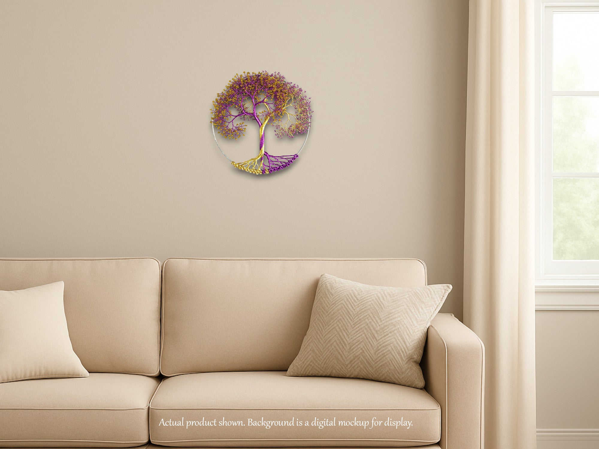 Decorative wall clock with a tree design on a beige wall above a beige sofa.