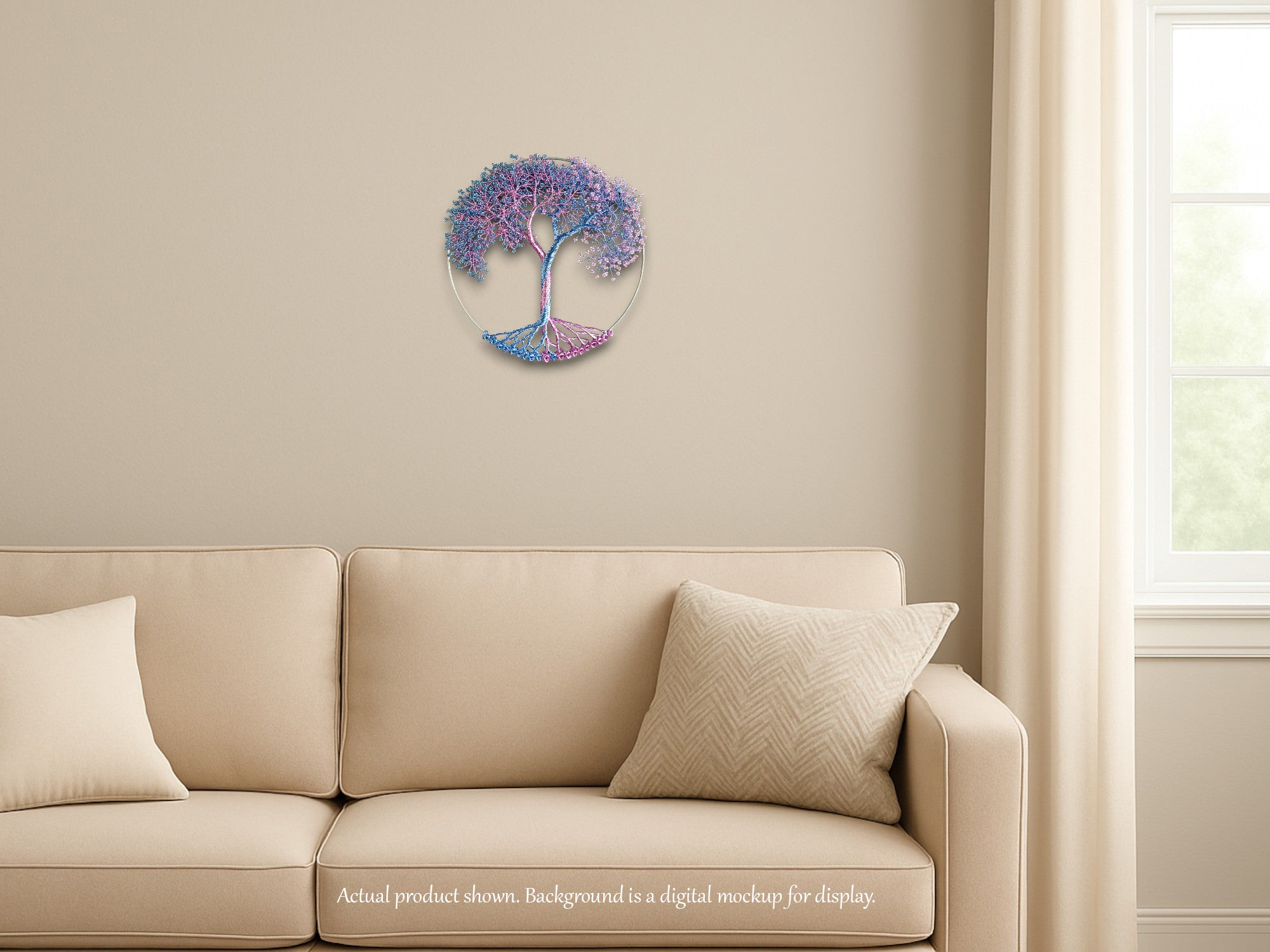 Decorative wall art of a tree with purple flowers on a beige wall above a beige sofa.