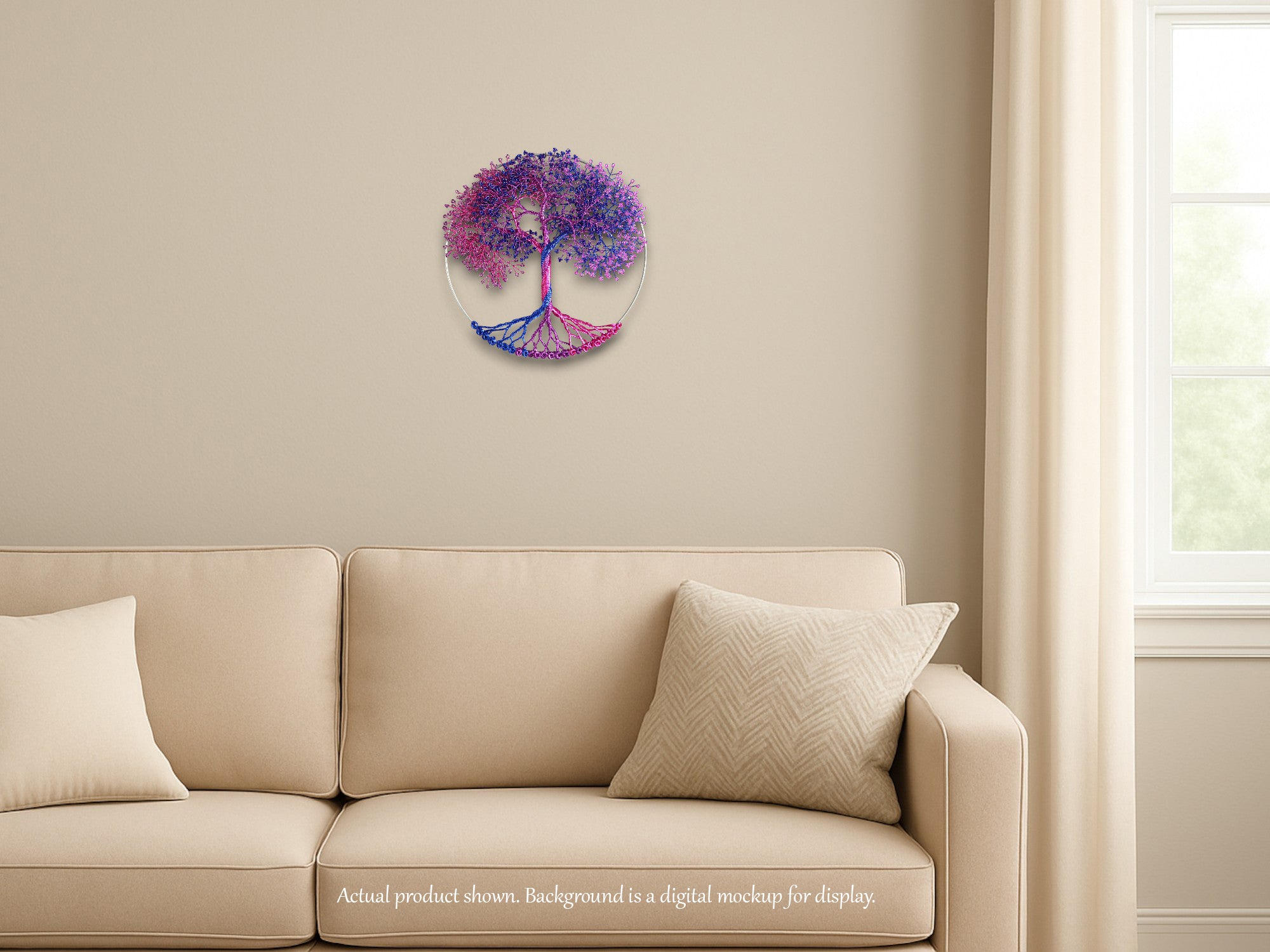 Decorative wall clock with a tree design on a beige wall above a sofa.