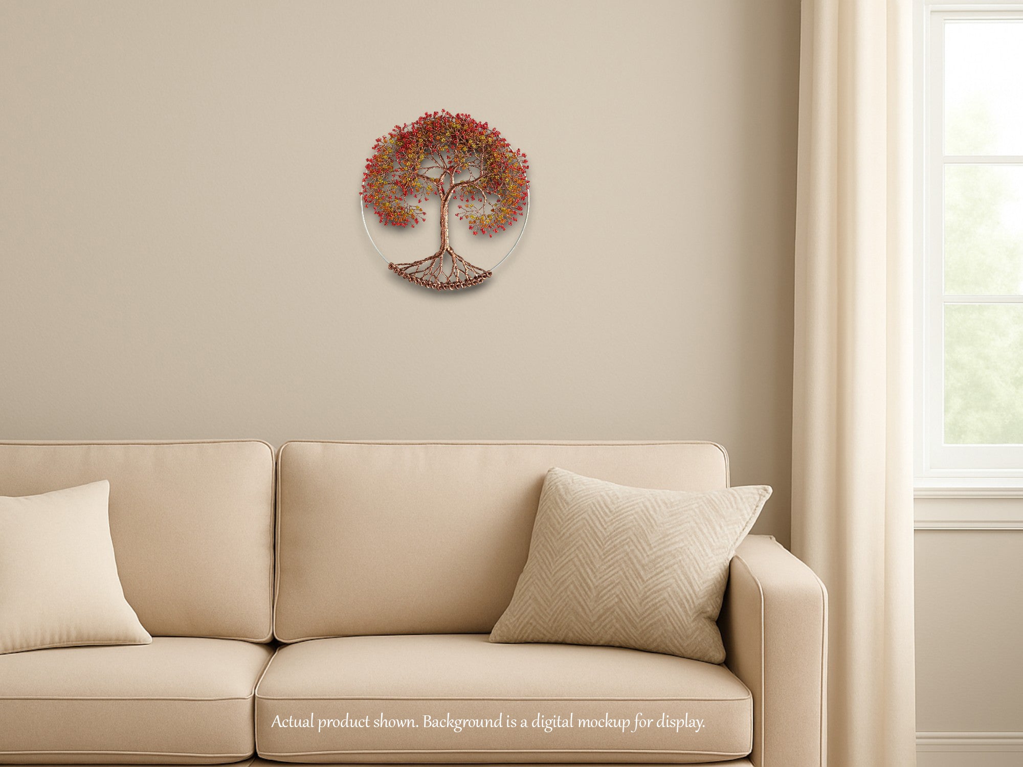 Decorative wall clock with tree design on a beige wall above a beige sofa.