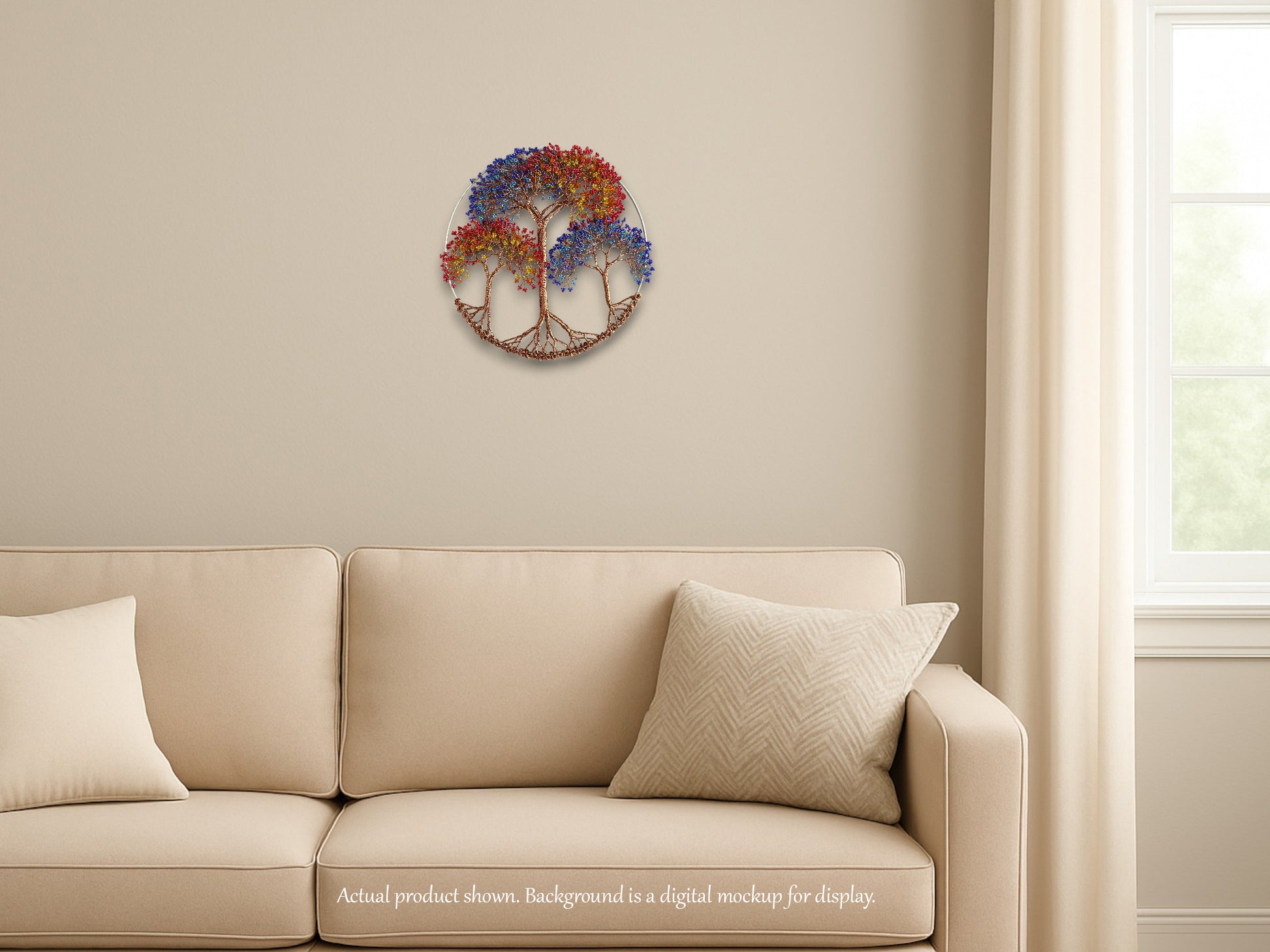 Decorative wall piece above a beige sofa in a living room setting