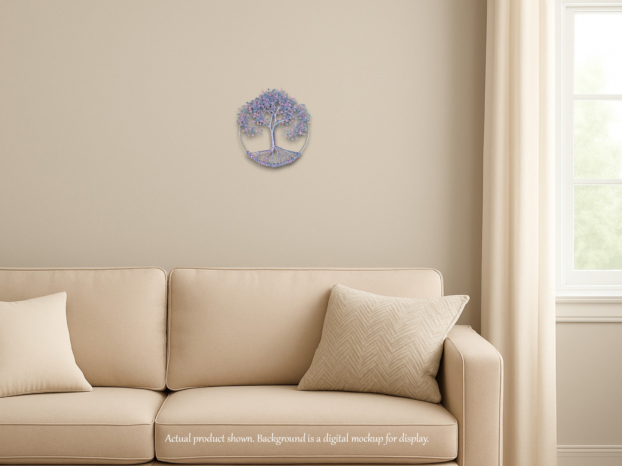 Decorative wall clock on a beige wall above a beige sofa with white cushions.