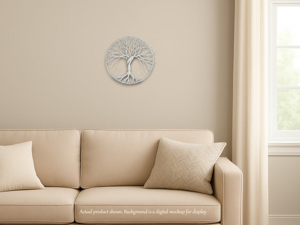 Beige sofa with decorative pillows against a beige wall with a circular wall art piece.