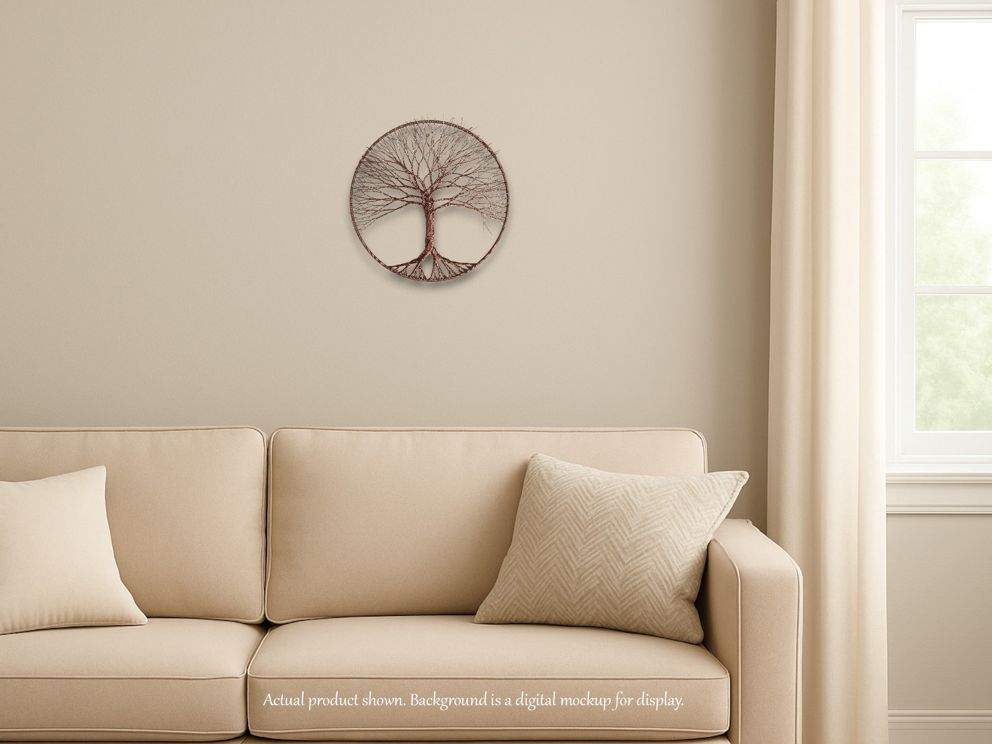 Beige sofa with decorative pillows in a living room setting, featuring a wall art piece.