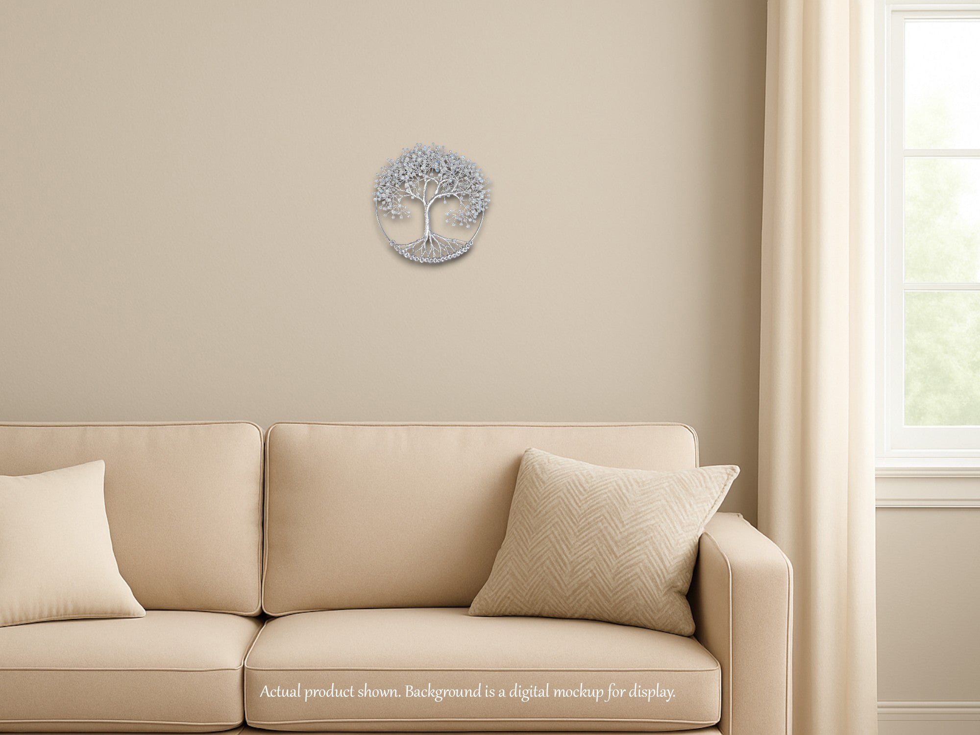 Beige sofa with decorative pillows against a beige wall with a circular wall art piece.