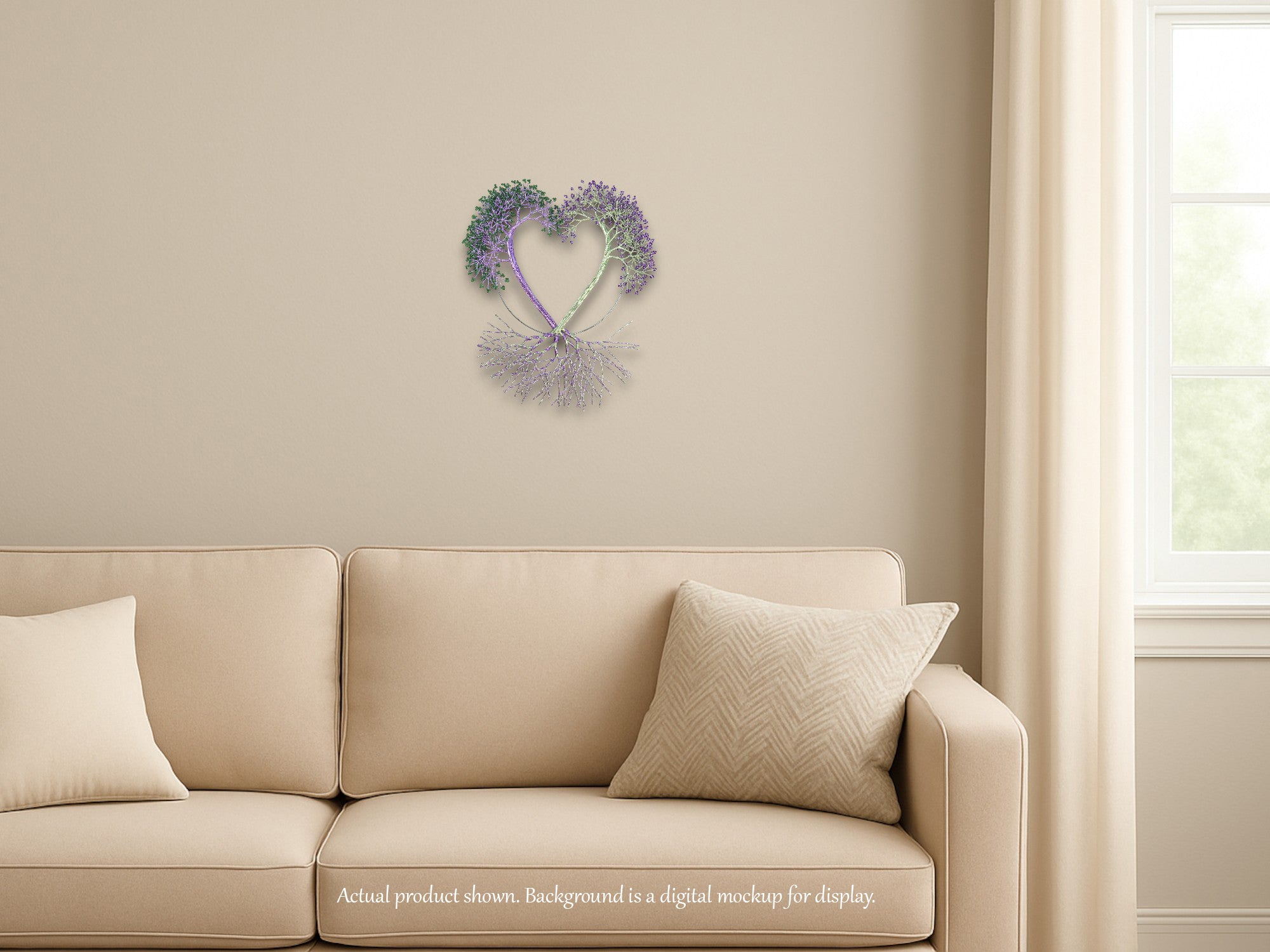 Decorative heart-shaped wreath on a wall above a beige sofa with pillows.