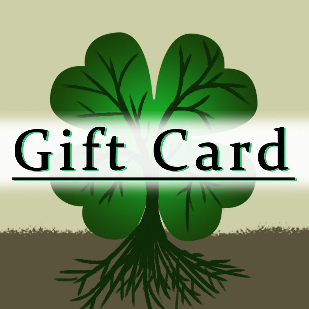 Gift card design with green leaves and roots on a beige background