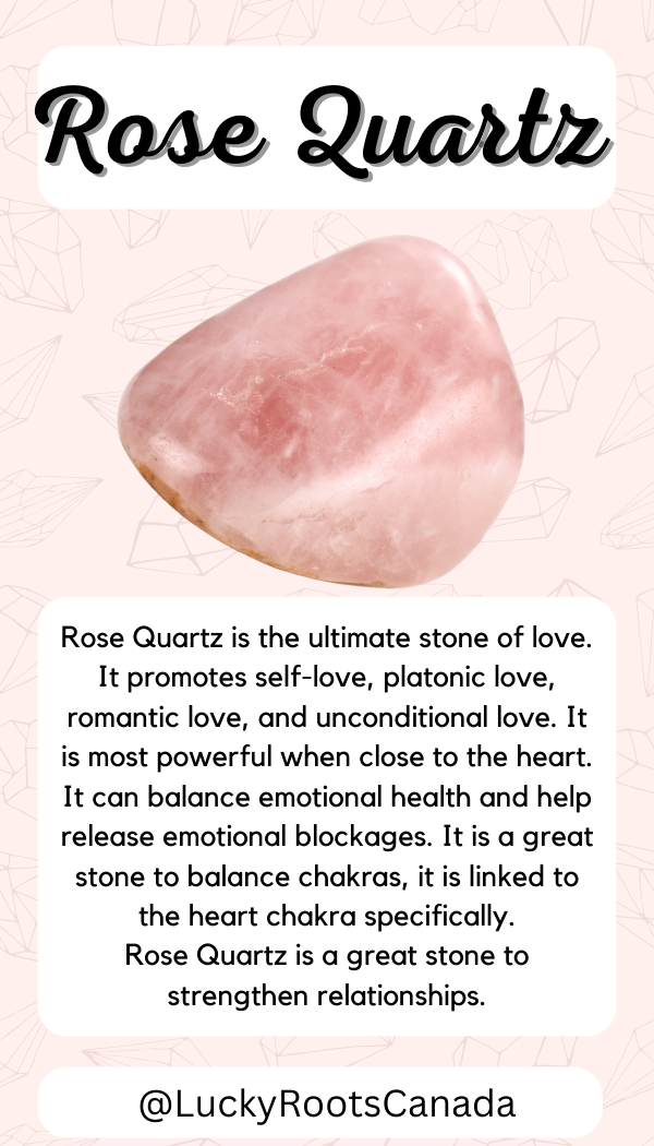 Rose Quartz stone with descriptive text on a light pink background
