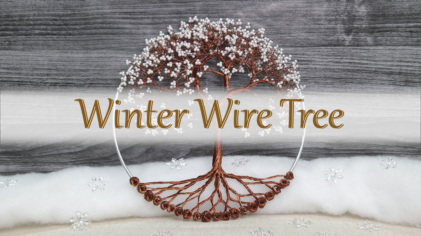 Decorative wire tree with snow-like embellishments on a textured background with 'Winter Wire Tree' text.