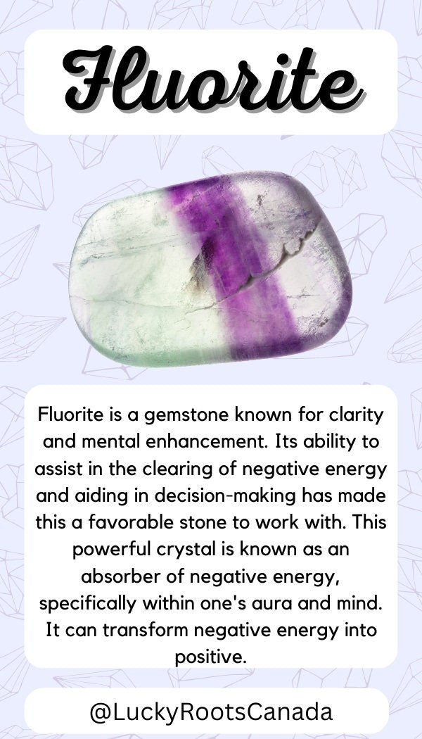 Fluorite crystal with descriptive text on a light purple background