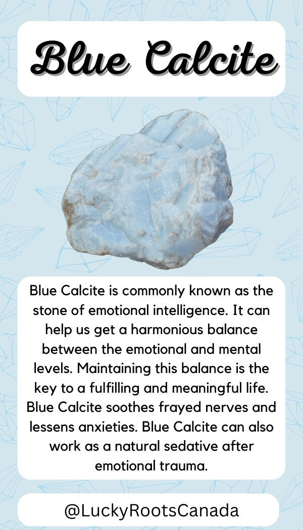 Blue Calcite stone with descriptive text on a light blue background