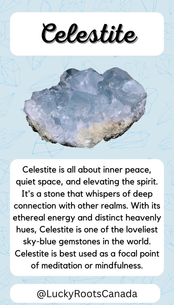 Celestite crystal with descriptive text on a light blue background