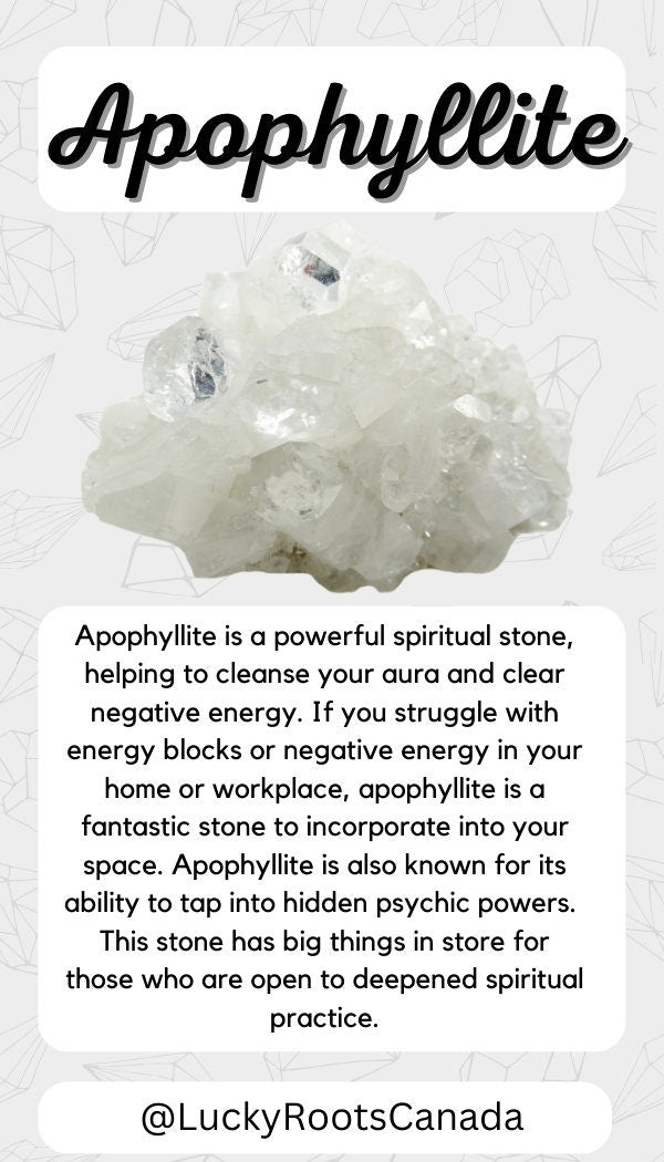 Apophyllite crystal with descriptive text on a light gray background