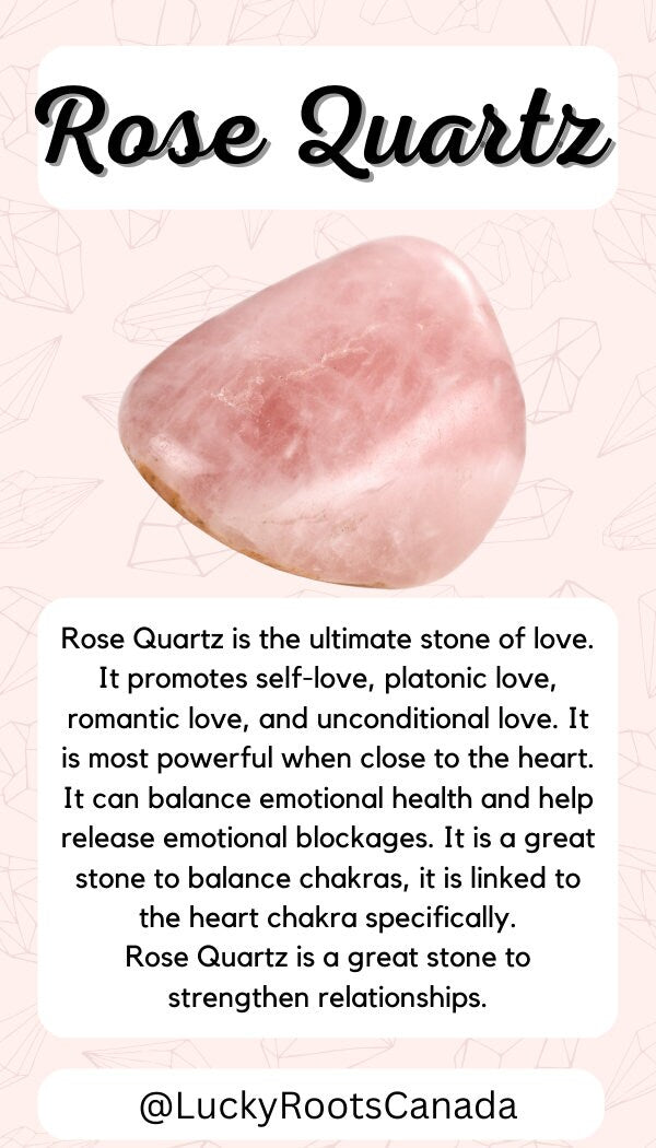 Rose Quartz stone with descriptive text on a light pink background